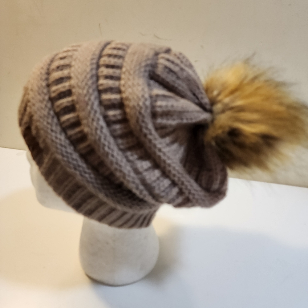 CC Cozy Knit Beanie with Faux Fur Pom OS